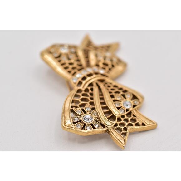 1928 Vintage Floral Bow Pin Brooch Rhinestone Crystal Antiqued Gold 1980s BinBP - Picture 9 of 12